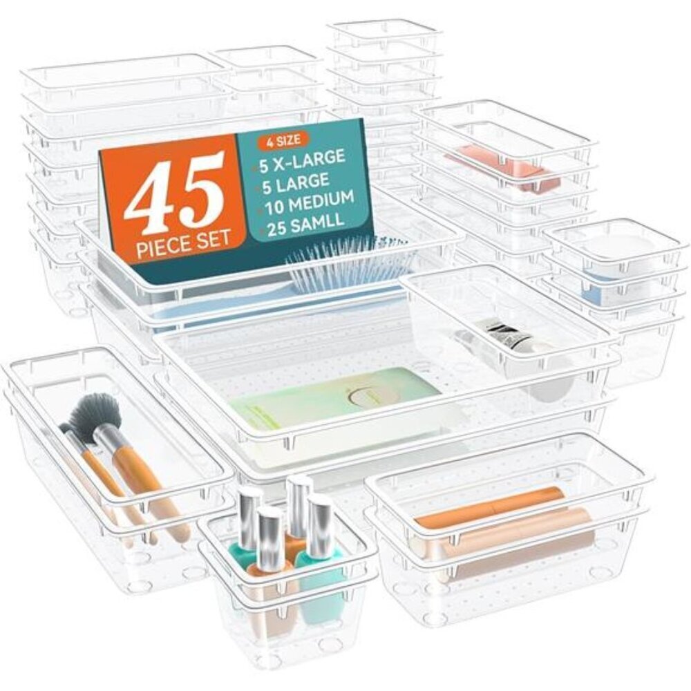 45 PCS Clear Drawer Organizers Set Plastic Storage Bins Trays for Makeup